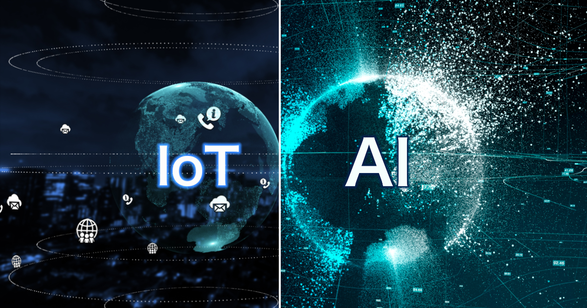 Technology background with IoT written on the left and AI written on the right.