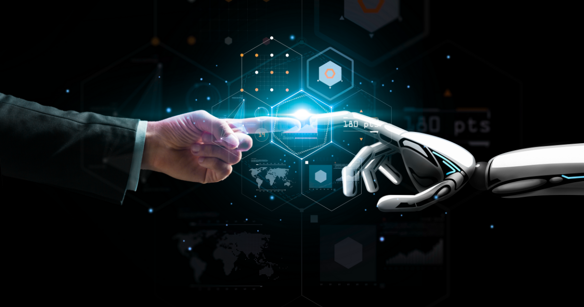 AI and human handshake symbolizing a partnership in tech predictions for future 2024 IT advancements.